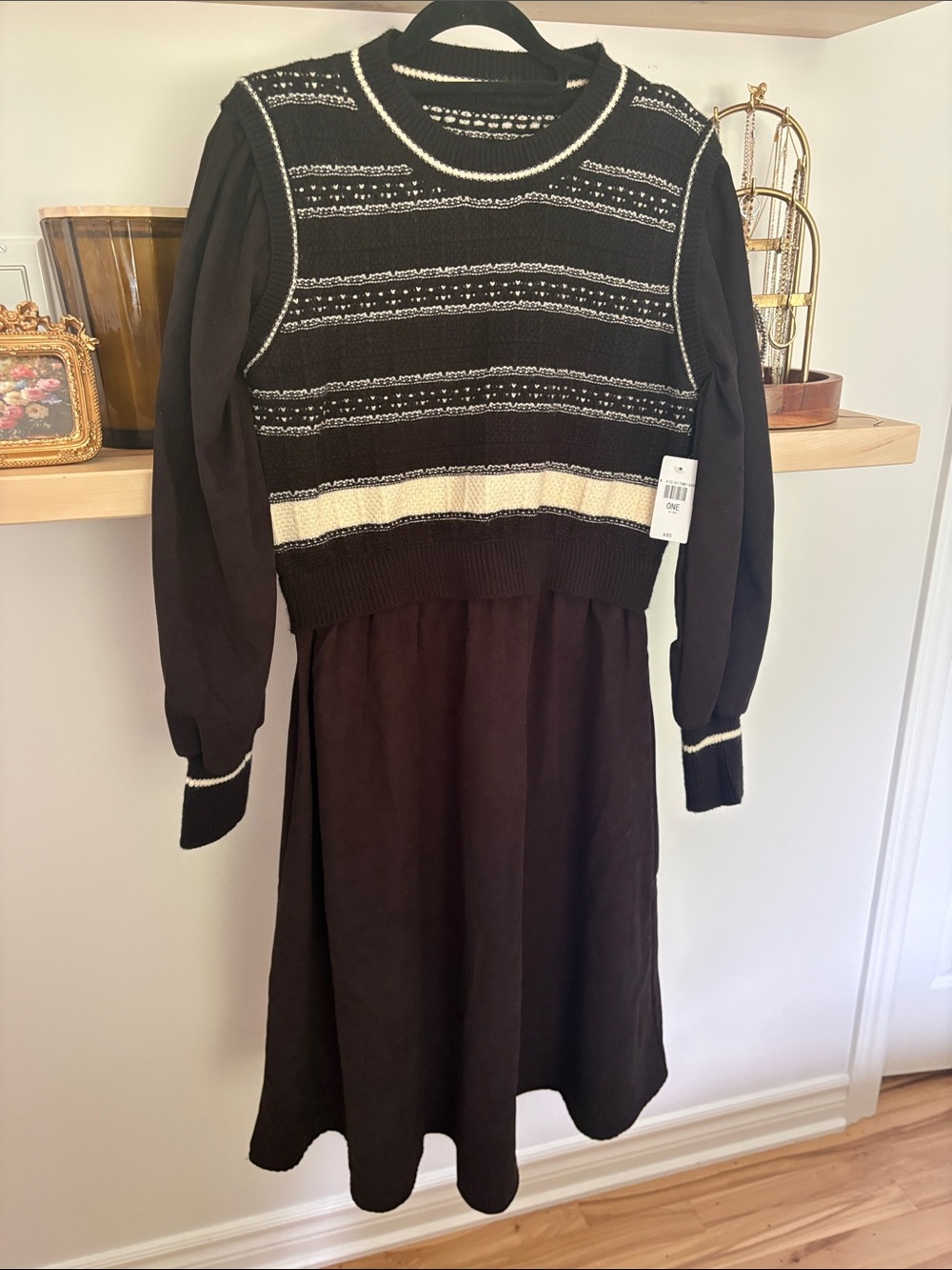 Women's Black Dress with Cream Knit Overlay - Casual Sweater Dress